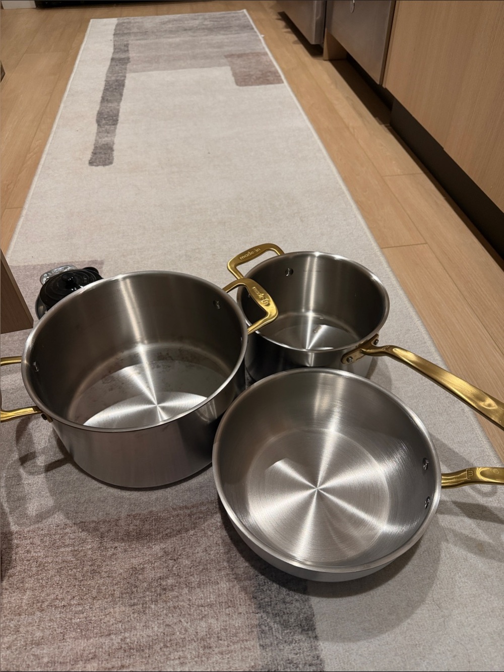 Brushed Stainless Steel 3-Piece Cookware Set with Gold Handles